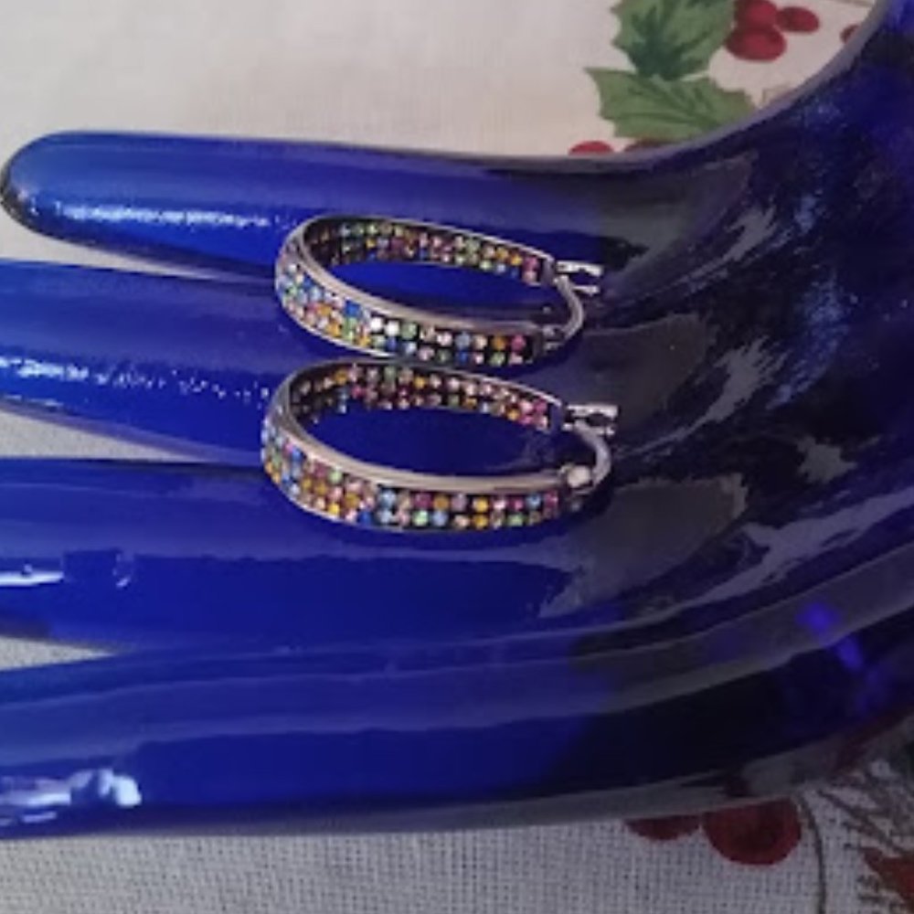 Rainbow Silvertone Crystal Hoops